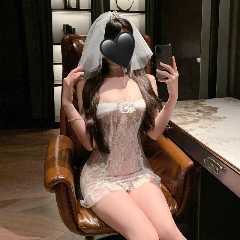 Cosplay Wedding Temptation Elegant Style Bride Role-playing Outfit Pajamas Lace Mesh Hollow Out Bandage Skirt
