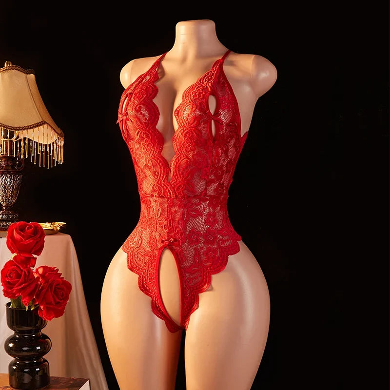 One-piece Crotchless Bodysuit Deep V Open Bra Lingerie