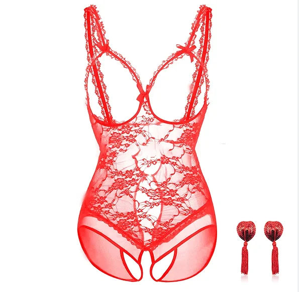 Bodysuit Lace Lingerie Backless V Neck Sheer Catsuit Stockings