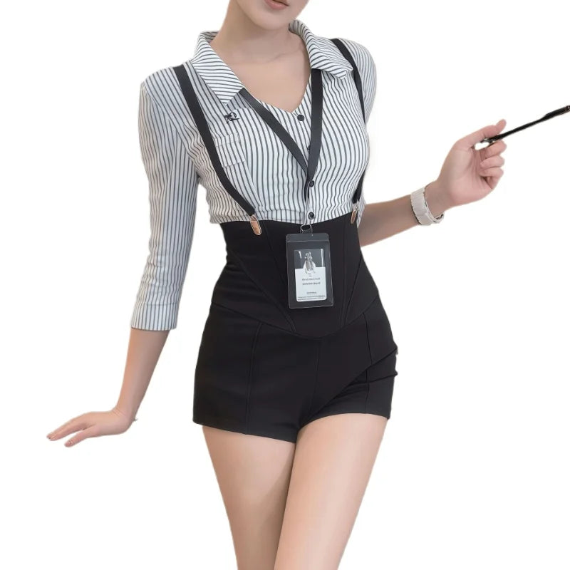 Pure Desire Striped Shirt Shoulder Strap Mature Office Secretary Role-playing Teacher Temptation Costumes