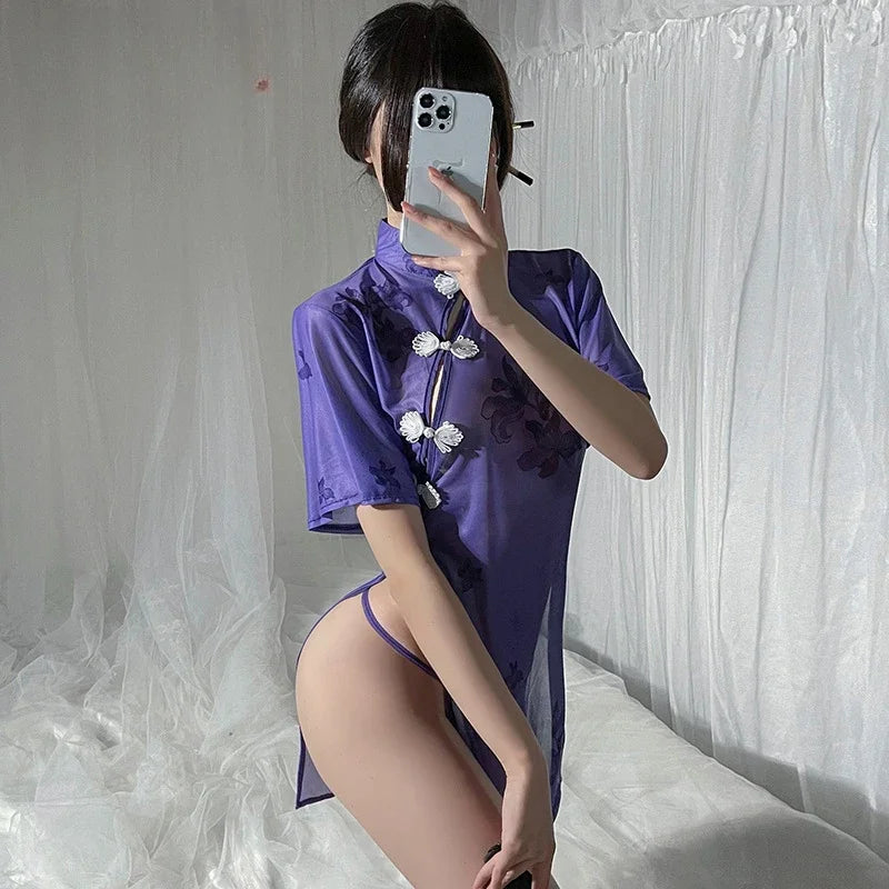 Purple Blue Cheongsam Perspective High Waist Split MiniTraditional Underwear Skirt Couples Flirting Set