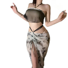 Black White Print Hanfu Ancient Style Erotic Underwear Transparent Skirt Adult Home Sleepwear