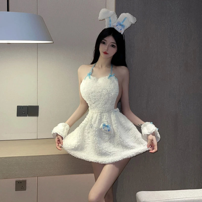 Lingerie Bandage Roleplay Rabbit Christmas Tempting Plush Bunny Ear Cosplay Outfit White Santa Claus Set