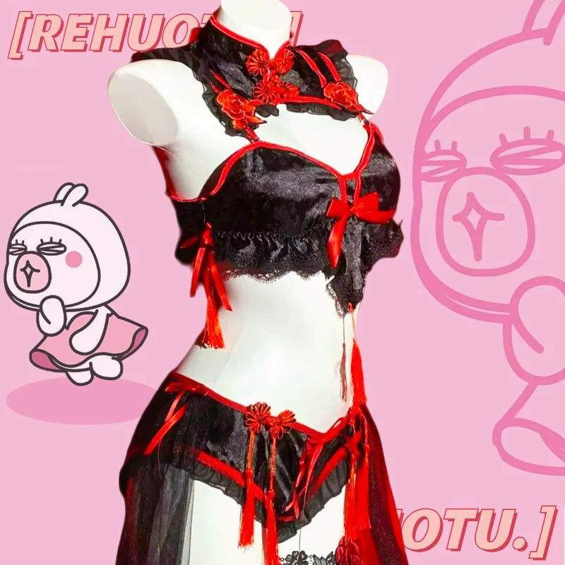 Gothic Vintage Cheongsam Lingerie Maid Cosplay Lolita Lace Embroidery Underwear Set