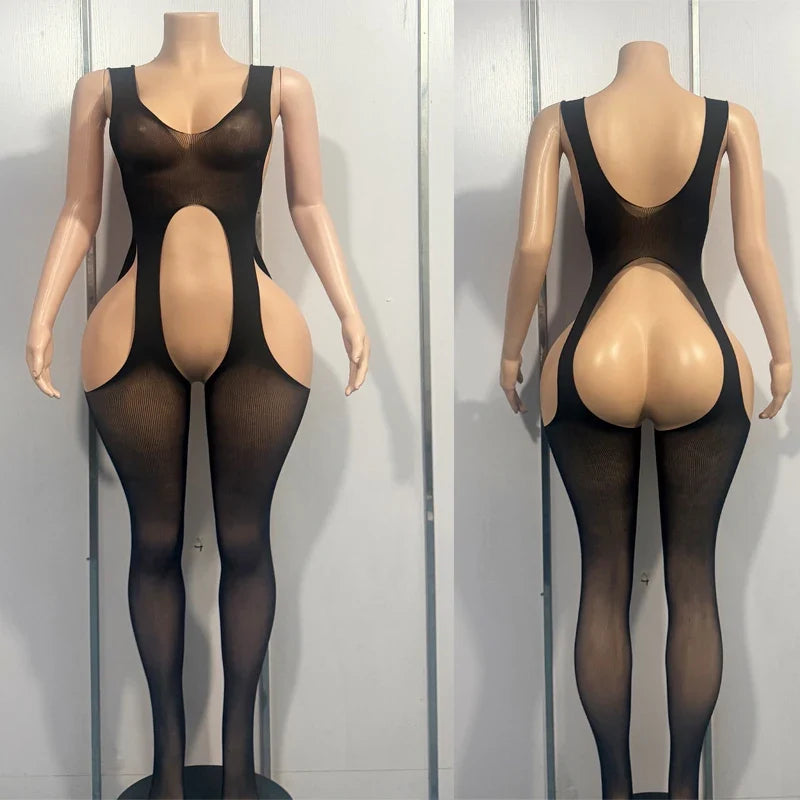 Erotic Bodysuit Fishnet Crotchless Bodystockings Black Hollow Out Lingerie