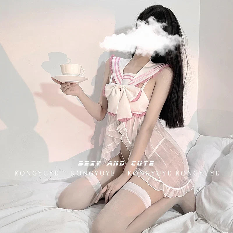 Lolita Bow NightCosplay Maid Suit Kawaii Temptation Lace Pajamas Sailor Collar Student Sensual Lingerie Woman