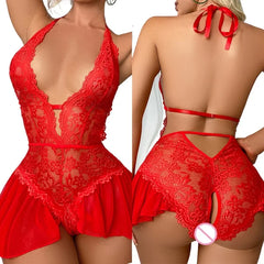 Lace Mesh Transparent Lingerie Deep V Babydoll Set