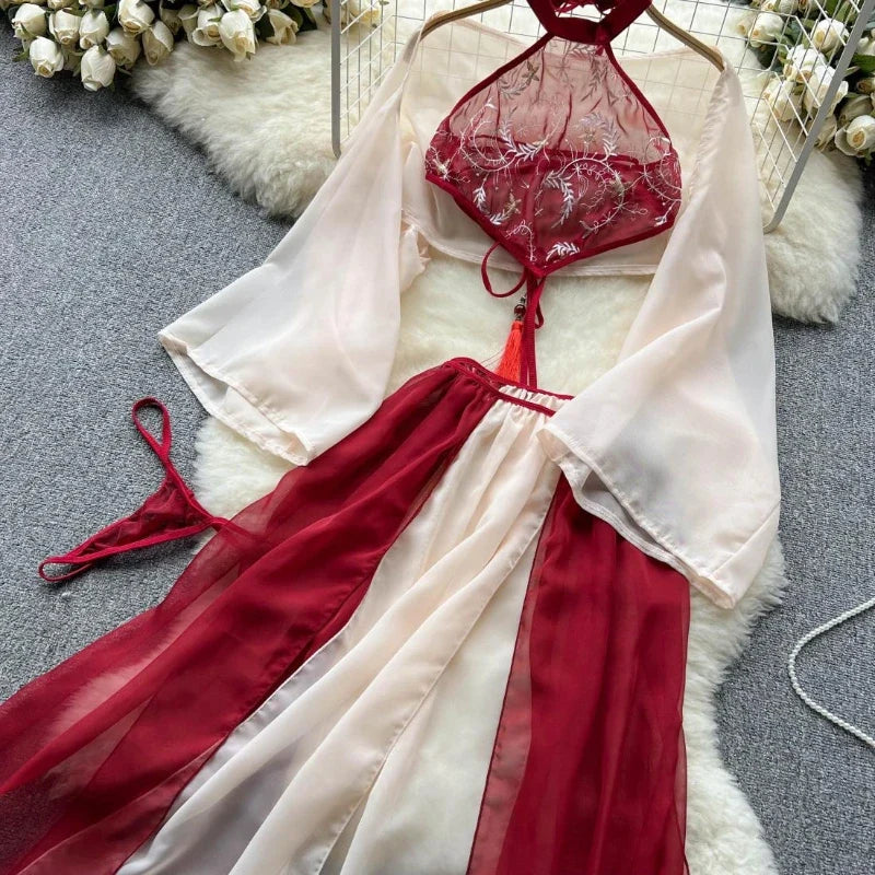 Red Traditional Perspective Lingerie Cosplay Soft Robe Chemise Chiffon Sleepwear NightHanfu Fairy Dress