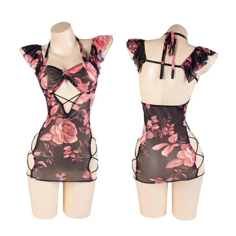 Hollowed Out Wrap Hip Skirt Rose Printing Nightgown Cosplay Costumes Backless NightAdult Home Pajamas