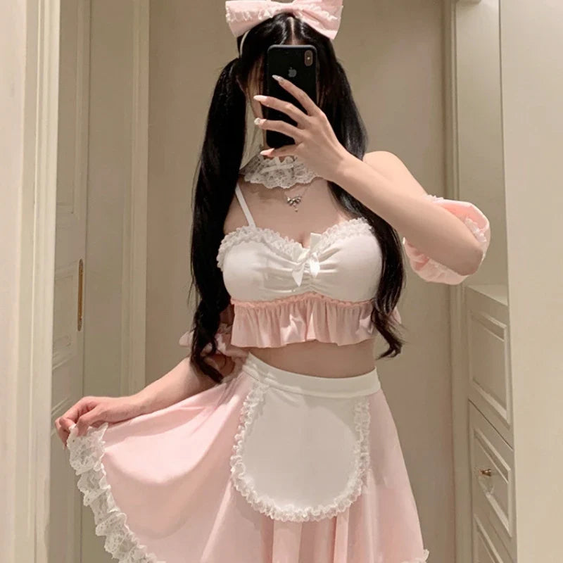 Maid Outfit Cosplay Lace Top Miniskirt Seductive Lingerie Kawaii Servant Role Play Adult Costumes Headwear