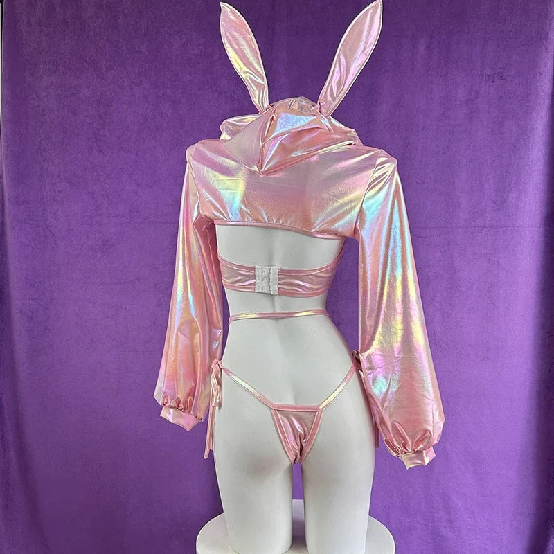 Bunny Cosplay Costume Idol Group Machine Rabbit Outfits Pink Exposed Breast Laser Lingerie Gift
