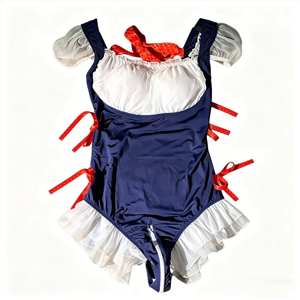 Cute One Piece Bodysuits Puff Sleeve Ruffle Hem Bow Tie Sweet Jumpsuit