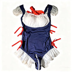 Cute One Piece Bodysuits Puff Sleeve Ruffle Hem Bow Tie Sweet Jumpsuit