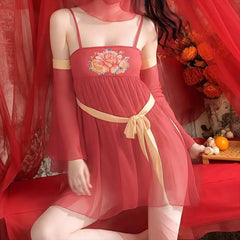 Ancient Style Hanfu Elegant Transparent Flower Print Backless Deep V NightTraditional Bellyband Pajamas
