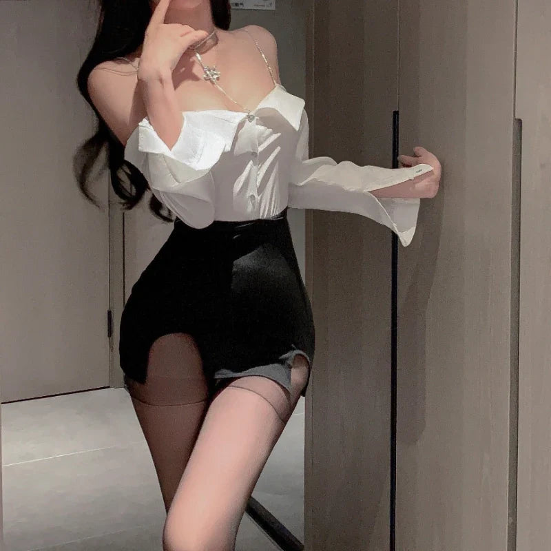 Secretary Office Lady Cosplay Teacher Role Play Outfit Chiffon Shirt Mini Skirt Underwear Lingerie