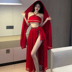 Cosplay Bride Wedding Red Traditional Temptation Hanfu Shawl Top Long Skirt Set