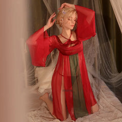 Antique Split Perspective Hanfu Skirt Red Traditional Retro Long Sleeves Nightgown