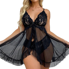 Transparent Camisole Sheer Black Deep V Lace Corset Underpants Suit Lingerie