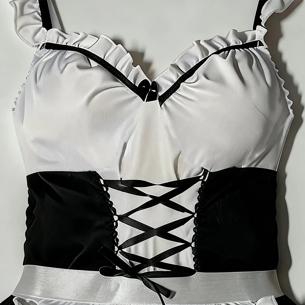 Maid Costume Outfit Black White Ruffle Sleeveless Suspender Apron