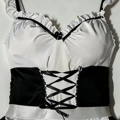 Maid Costume Outfit Black White Ruffle Sleeveless Suspender Apron