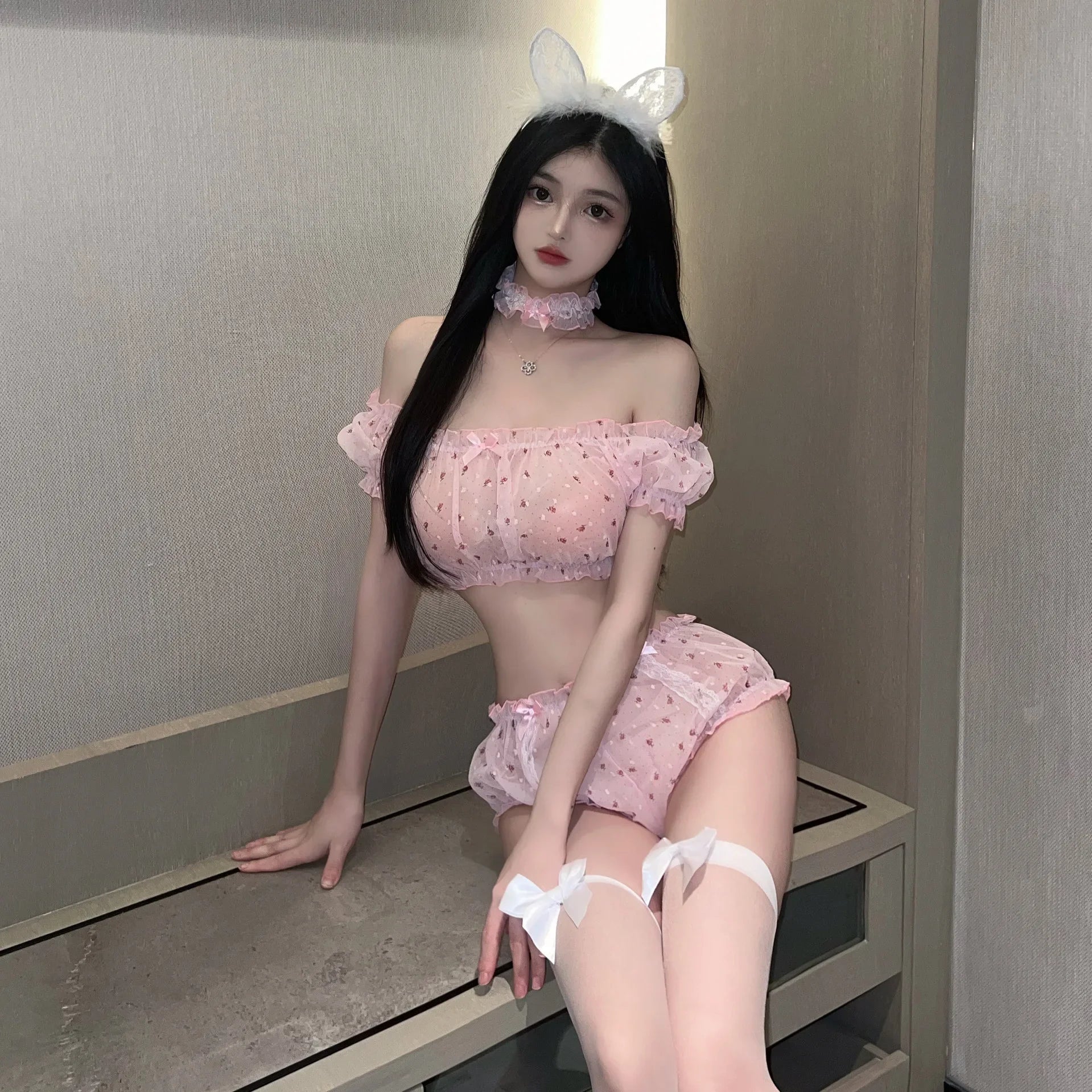 Sheer Stars Ultra-thin Gauze Ruffles Off Shoulder Sleeve Leg Ring Underwear Set