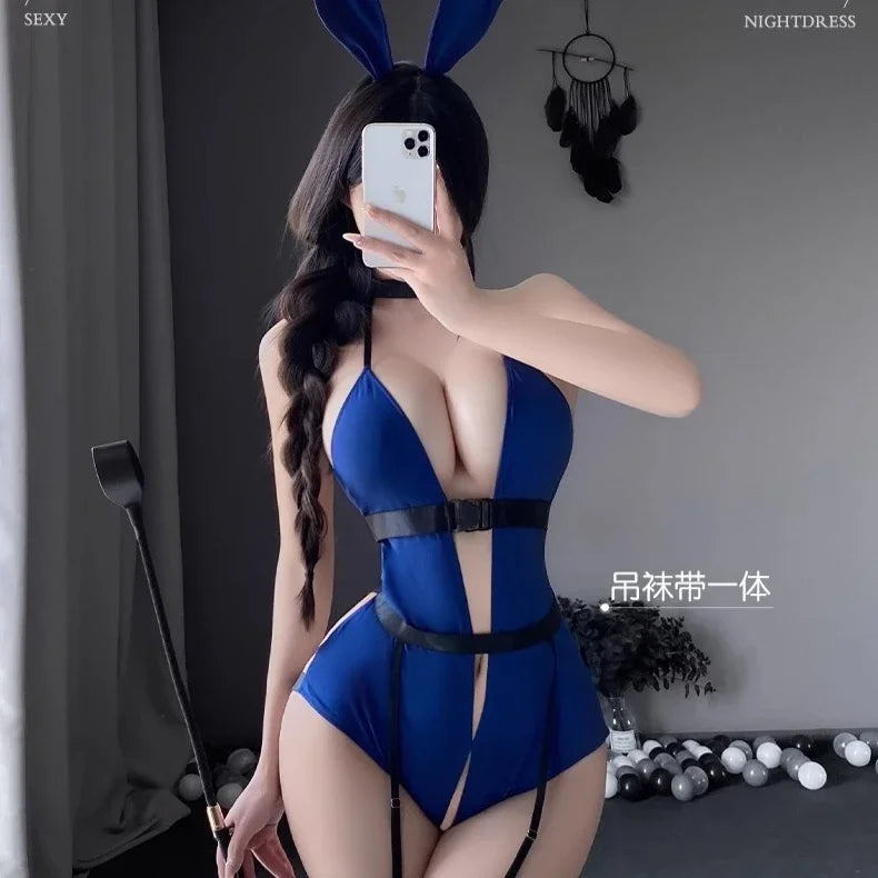 Deep V Bunny Costumes Bandage Lingerie Naughty Rabbit Cosplay Bodysuit One Piece Jumpsuit Porno Bar Temptation