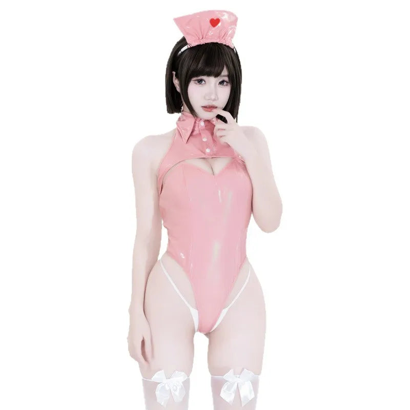 Kawaii Nurse Roleplay Jumpsuit Patent Leather Backless Hollow Out Bodysuit Playful Cosplay Lingerie Pink