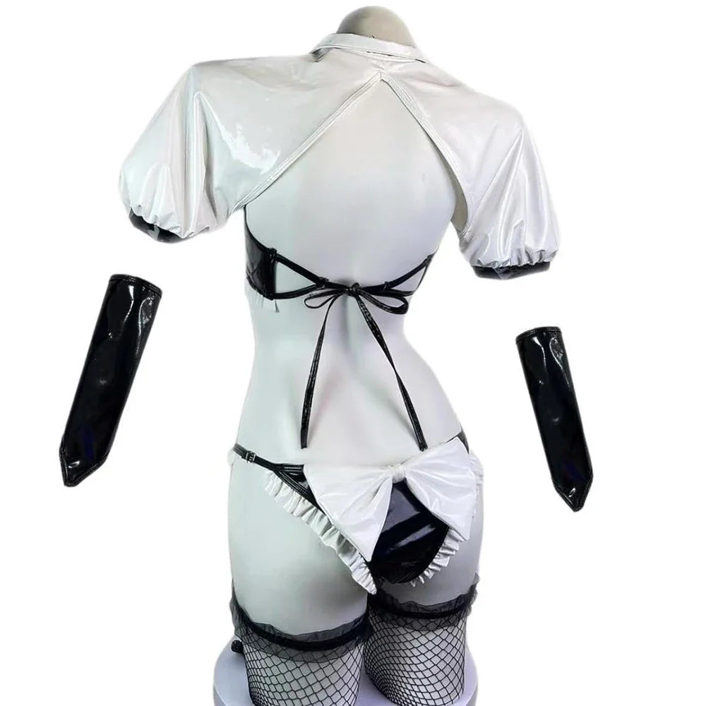Bunny Cosplay Costume PU Leather Bra Devil Briefs Outfits Rabbit Maid Role Play Lingerie Halloween Costumes