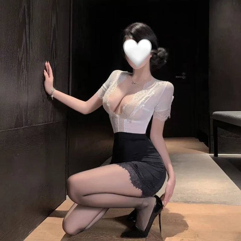 Exotic Office Lady Cosplay Costume See-through Underwear Hollow Out Deep V Lace Secretary Temptation Wrap Hip Dress