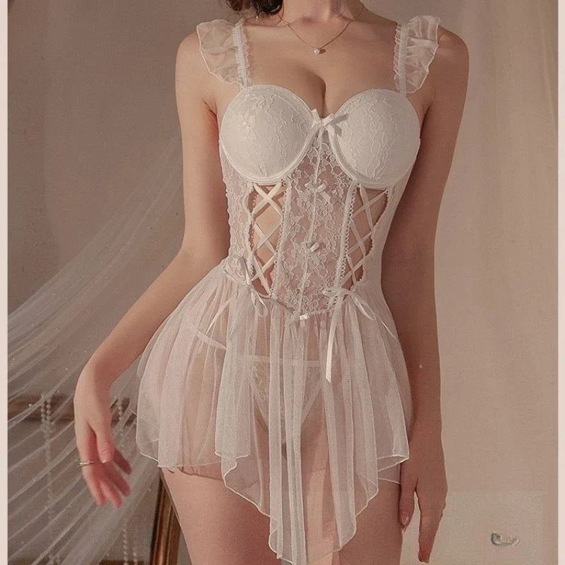 Lace Seduction Sleepwear Pure Desire Lingerie Lace Nightgown Cute Bow Suspender Skirt Mesh Backless NightHome Pajamas