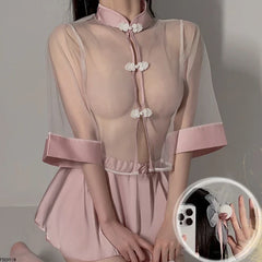 Retro Cheongsam Outfits Perspective Top Pleated Skirt Sleepwear Lingerie Antique Traditional Uniform