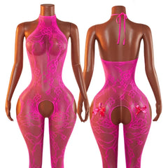 One-piece Rose Bow Hollow Out Crotchless Lace Bodysuit Semi Transparent Lingerie Plus Size Bodystocking Clothing