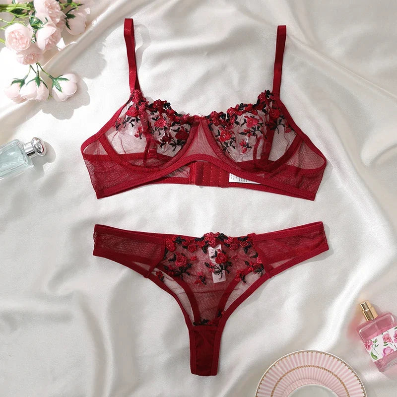 Embroidery Floral Ultra-thin Exquisite Transparent Underwear Bra Set