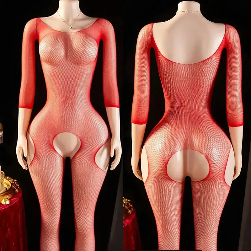 Big Bare Shoulders Crotchless Full Body Socks Desire Night Bold Exquisite Underwear Lingerie Long Sleeve Bodysuit