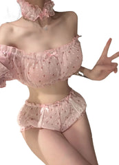 Sheer Stars Ultra-thin Gauze Ruffles Off Shoulder Sleeve Leg Ring Underwear Set