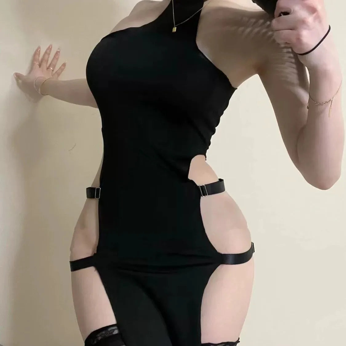 Sleeveless Nightgown Open Side Style Cheongsam Cosplay Black High Slit Cheongsam Chest Uniform