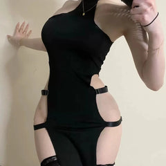 Sleeveless Nightgown Open Side Style Cheongsam Cosplay Black High Slit Cheongsam Chest Uniform