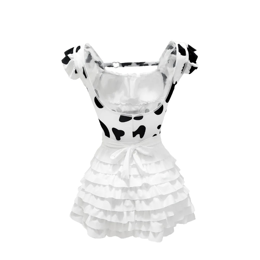 Cow Print Bunny Maid Cosplay Costume Halloween Party Fancy Ears Ruffle Corset