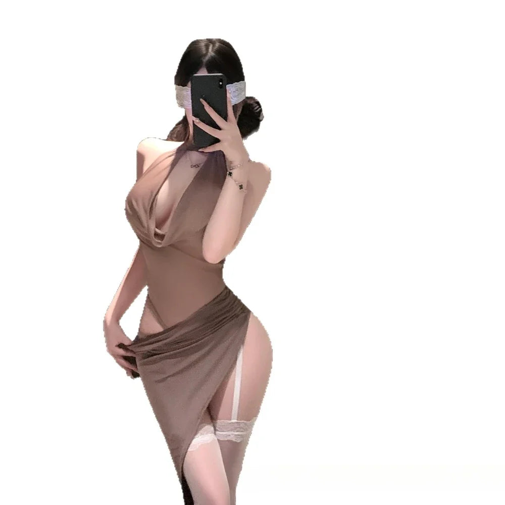 Deep V Jumpsuit Skirt Role-playing Flirting Office Tempting Secretary Cosplay Costumes Charm Bodysuit Skirt