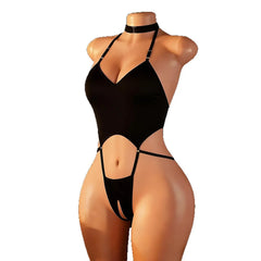 Open Bra Lingerie Costumes Deep V Hollow Bodysuit Hanging Neck Maid Cosplay Crotchless Underwear