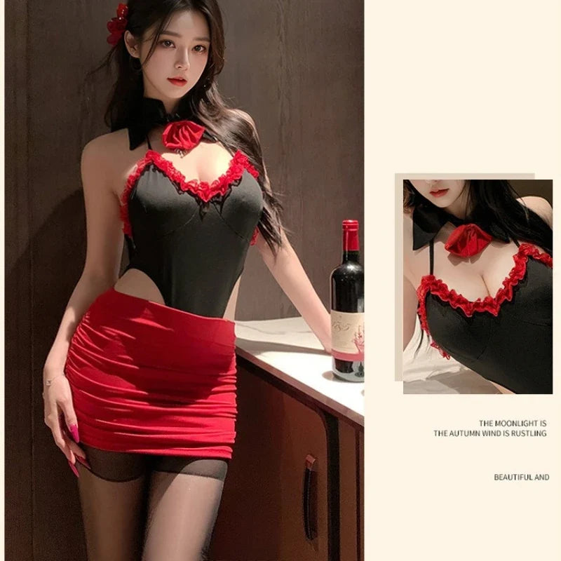 Nightclub Halter Hip Hugging Skirt Bodysuit Backless Seductive Lingerie One-piece Jumpsuit Tight Fitting Short Skirt Set