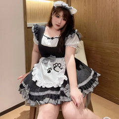Sweet Maid Cat Halloween Waitress Role Play Kawaii Plus Size Party Black White Plaid Lolita Princess COS