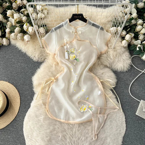 Hot Cheongsam Lingerie Retro Embroidery Improve Mesh Perspective Miniskirt