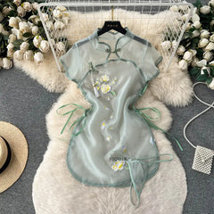 Hot Cheongsam Lingerie Retro Embroidery Improve Mesh Perspective Miniskirt