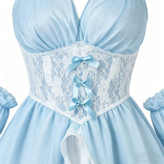 Light Blue Chiffon Princess Nightgown Sets Bow Decor Tiered Skirt Detachable Arm Cuffs Sweet Suspender Homewears