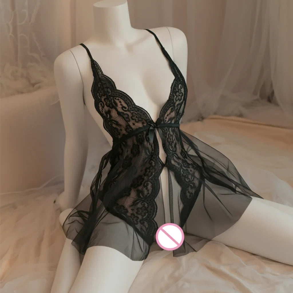 Lace Deep V Crotchless Bodysuit Nightgown Pajamas