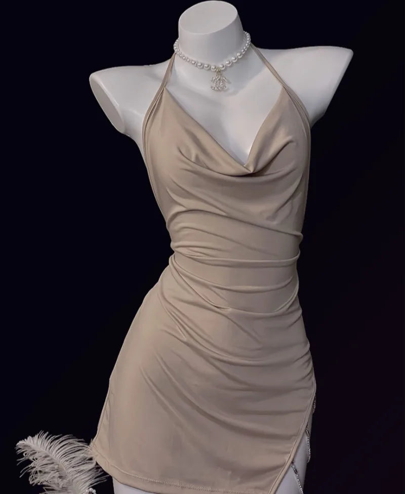 Lingerie Chain Side Beauty Back NightNightclub Thin V-neck Lace Straps Slits Open Back Home Sleepwear