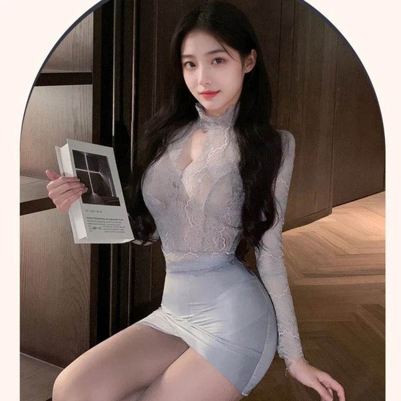 Role Play Secretary Lace Perspective Costume Office Temptation Hollow Long Sleeves Top Wrap Hip Short Skirt