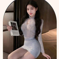 Role Play Secretary Lace Perspective Costume Office Temptation Hollow Long Sleeves Top Wrap Hip Short Skirt