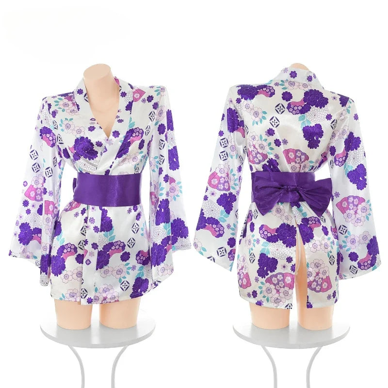 Kimono Cosplay Outfit Traditional Style Robe Yukata Sakura Costumes Pajamas Bathrobe Belt Lingerie Nightgown